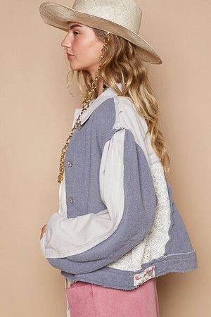 Classic Artistic Crochet Patch Exposed Seam Button Up Jacket Chic & Edgy Outerwear