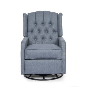 The Classic Design Manual Recliner Chair features a blue fabric with subtle textured pattern, button-tufted backrest, winged sides, and plush seat cushion. It has a 360-degree swivel base.