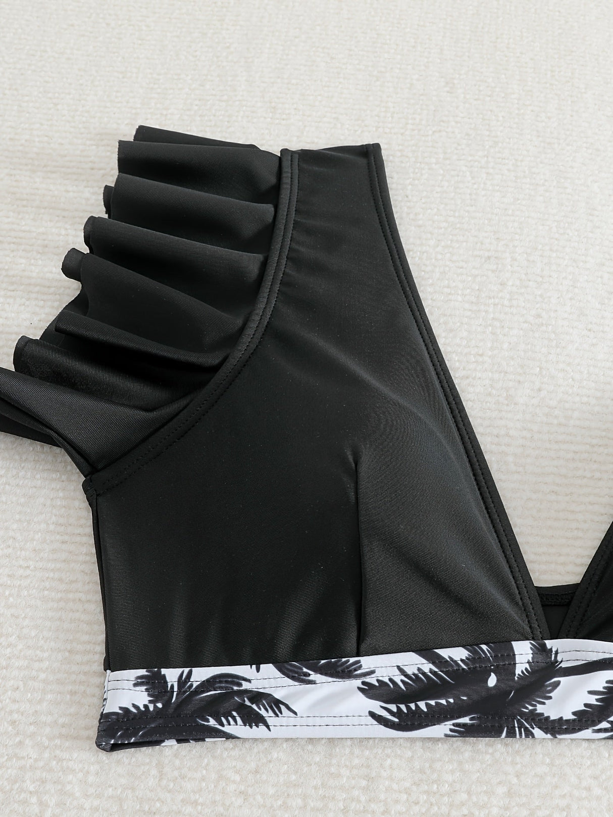 Bikini Black Solid Color Ruffle V Neck 2 Piece Swimsuit for Women – High Waisted Flattering Bikini Set with Lettuce Trim Bottoms – Sleek Stretchy Fabric Swimwear for Beach Days Poolside Style and Summer Vacation Looks