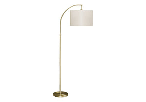 The Contemporary Design Floor Lamp features a minimalist style with a gold metal base, arched stand, and a cylindrical beige lampshade.