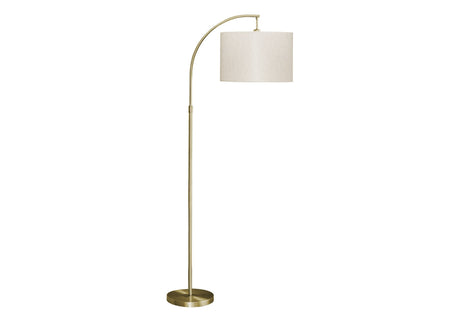 The Contemporary Design Floor Lamp features a minimalist style with a gold metal base, arched stand, and a cylindrical beige lampshade.