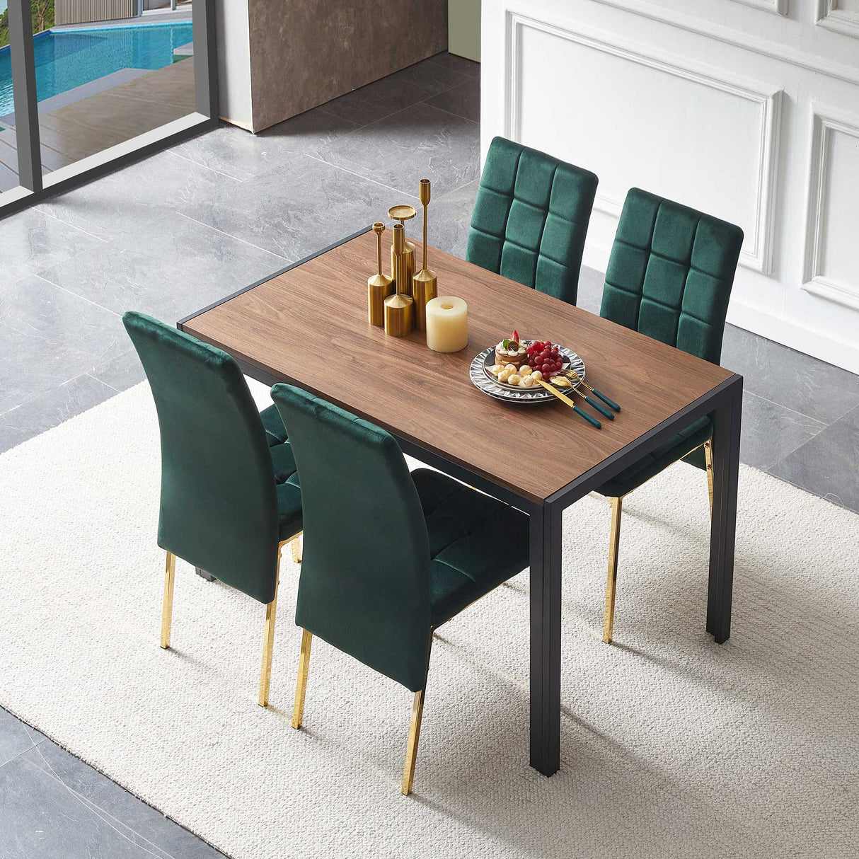 5 Pieces Dining Set Including Velvet High Back Golden Color Legs Nordic Dining Chair & Creative Design Dining Table by Couch.com