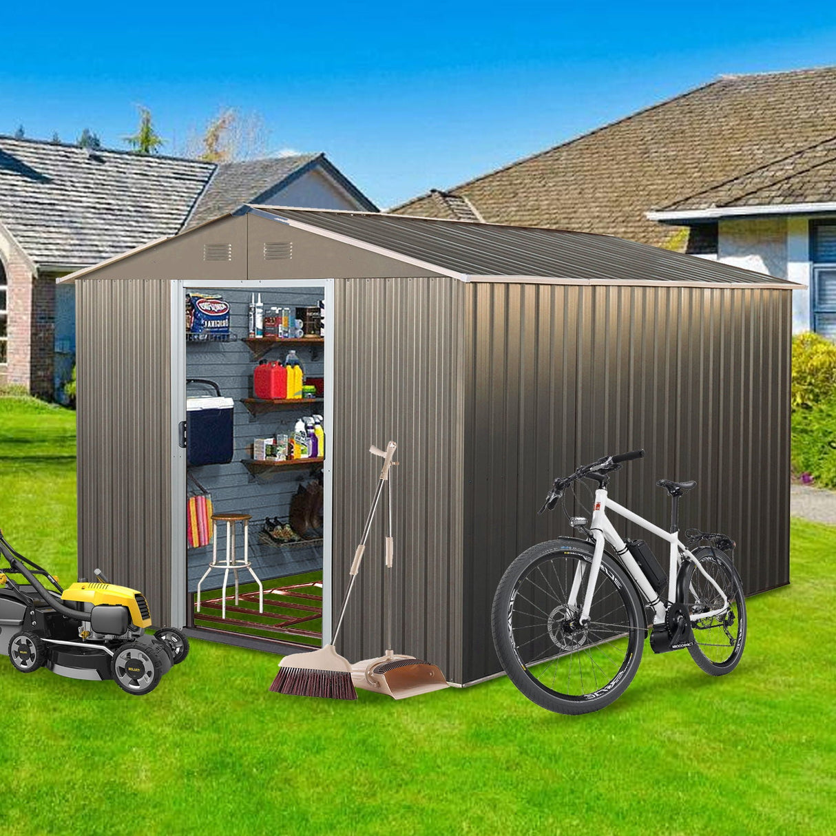 An open-door 8X10Ft Outdoor Metal Storage Shed in gray displays shelves of tools and containers inside. Outside, a push lawn mower, broom, and white bicycle are set against a backyard with houses under a clear blue sky.