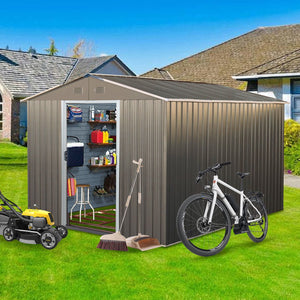 An open-door 8X10Ft Outdoor Metal Storage Shed in gray displays shelves of tools and containers inside. Outside, a push lawn mower, broom, and white bicycle are set against a backyard with houses under a clear blue sky.