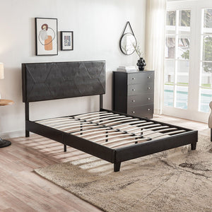 Queen Size Upholstered Platform Bed Frame, Wood Slat Support - Black by Couch.com