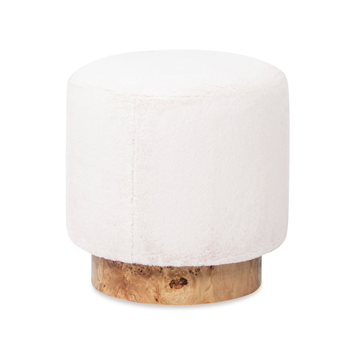 Tilly - Round Fur Upholstered / Burl Pouf Ottoman - White by Couch.com
