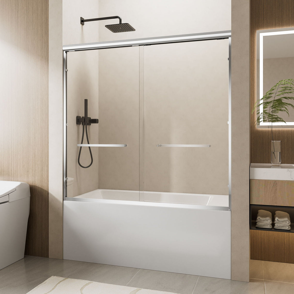 Aluminum Frame Double Double Soft Close Shower Door, Tempered Glass And Dual Stainless Steel Handles by Couch.com