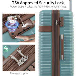 Close-up of a teal suitcase from the 4 Piece Luggage Suitcase Set featuring a TSA-approved security lock, reinforced zipper, and inset with a glowing lock icon for emphasis.