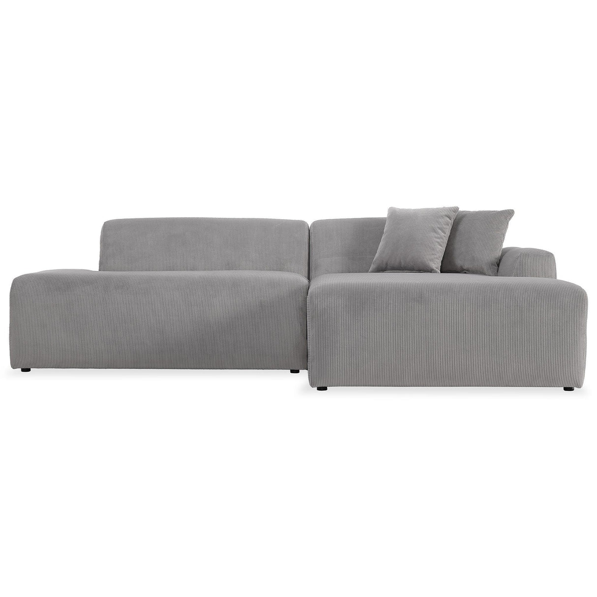 The Mar high-quality sectional sofa is a large, modern grey piece with a left-facing chaise. It features a minimalist design with clean lines and includes two matching grey cushions. The smooth, soft fabric enhances its appeal.
