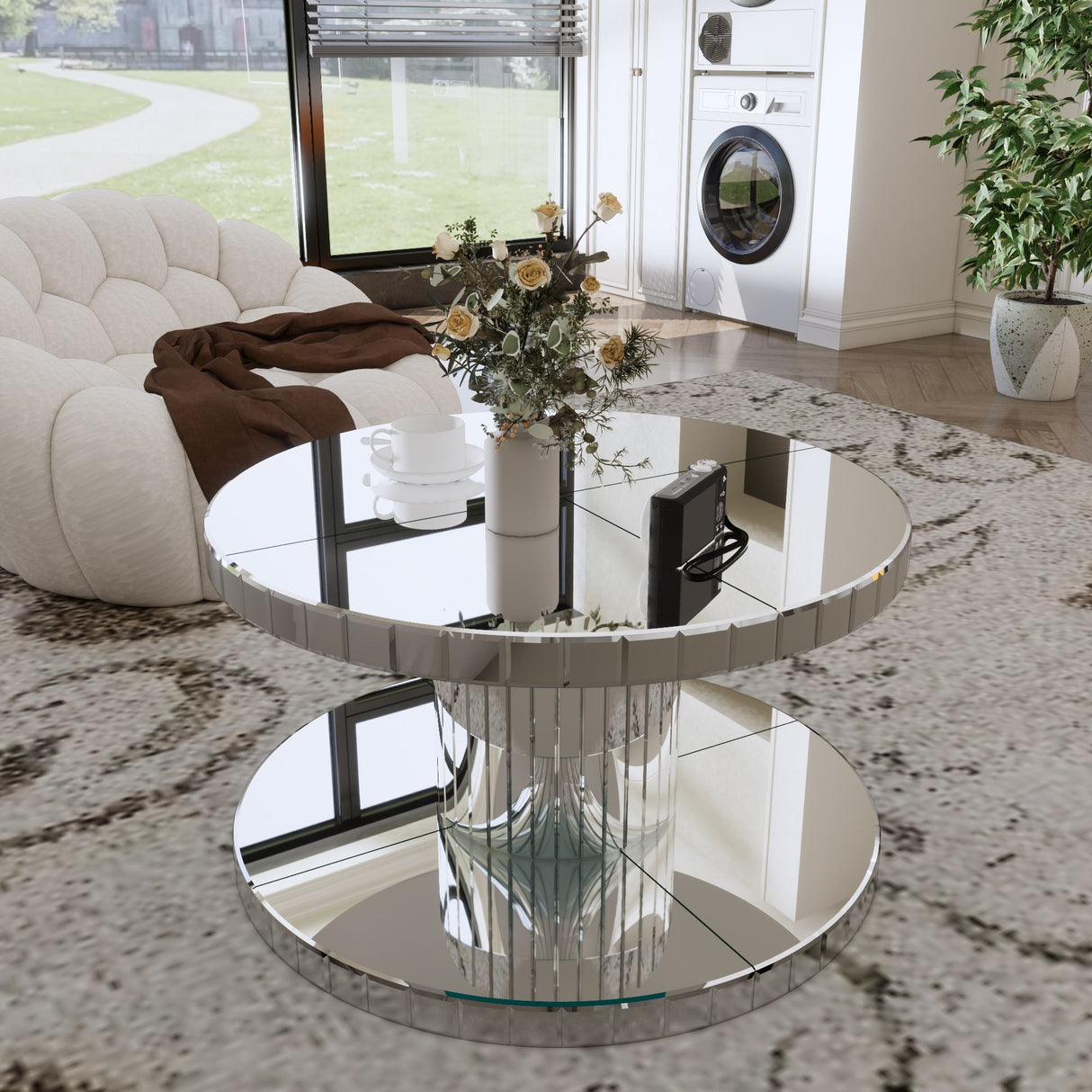 Luxury Double Tier Round Mirror Coffee & End Table With Fluted Glass Modern Sofa Side Table - Silver / Glass by Couch.com