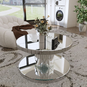 Luxury Double Tier Round Mirror Coffee & End Table With Fluted Glass Modern Sofa Side Table - Silver / Glass by Couch.com