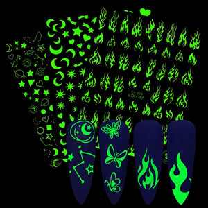 3D Nail Polish Sticker Flame Butterfly Rose Star Nail Glitter Decals Water Transfer Summer Sliders Nail Art Decorations Glow in Dark Nail Stickers Self-Adhesive Nail Art Decals Butterfly Flower Star Heart Nail Strips Glow Dark Nail Art Manicure