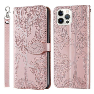 3D Tree Flip Leather Case For iPhone 13 12 Mini Phone Cover PU Leather Wallet Case with Card Holder Kickstand Wrist Strap Flip Cover for iPhone