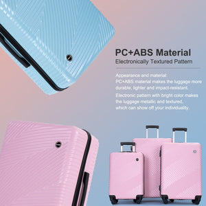 The image showcases three 3 Piece Luggage Sets Lightweight Suitcases in blue and pink, featuring a textured pattern made from durable PC+ABS for impact resistance. These suitcases have telescopic handles and spinner wheels, emphasizing individuality with their metallic design.