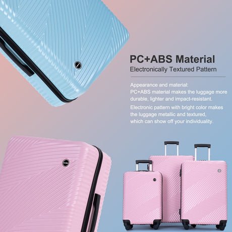 The image showcases three 3 Piece Luggage Sets Lightweight Suitcases in blue and pink, featuring a textured pattern made from durable PC+ABS for impact resistance. These suitcases have telescopic handles and spinner wheels, emphasizing individuality with their metallic design.
