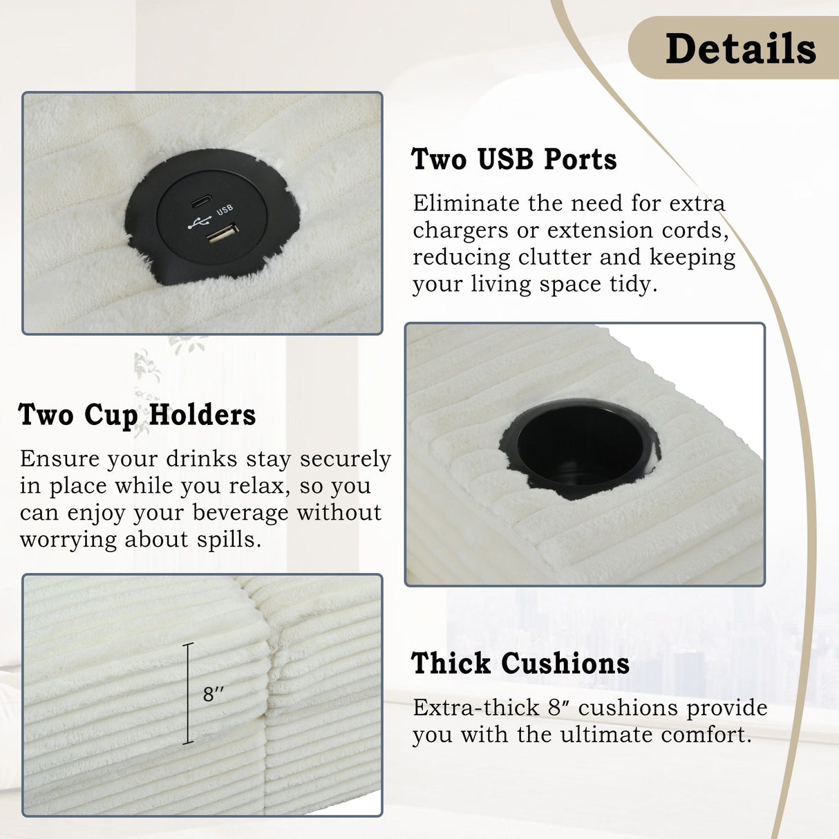 Oversized Loveseat Chaise With 2 USB Ports, 2 Cup Holders And 2 Throw Pillows by Couch.com