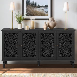 60" Antique Buffet Cabinet with Floral Carvings