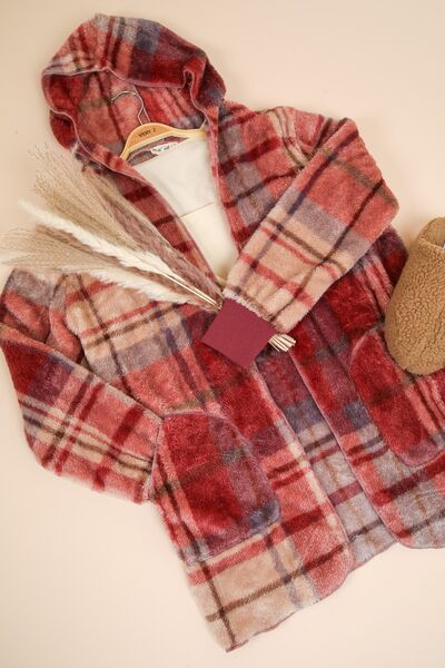 Colorful Fuzzy Plaid Long Sleeve Hooded Jacket Warm & Trendy Outerwear for Cold Days