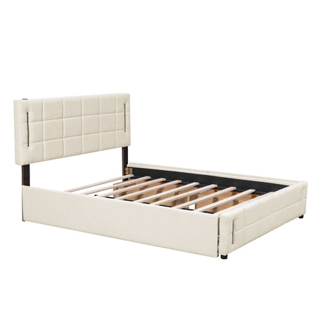 A beige "Upholstered Platform Bed With Trundle & Drawers" is shown with a quilted headboard and footboard, wooden slats visible on the empty frame. The headboard reclines slightly, set against a white background.