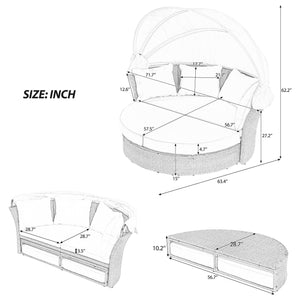 Outdoor Patio Daybed Wicker Rattan Double Daybed Round Sofa Furniture Set With Retractable Canopy, 4 Pillows For Lawn Garden by Couch.com