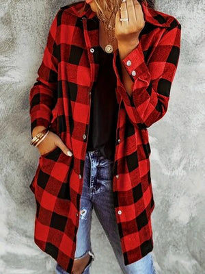 Deep Red Plaid Collared Neck Snap-Down Long Sleeve Jacket – Classic & Trendy Outerwear with Pockets