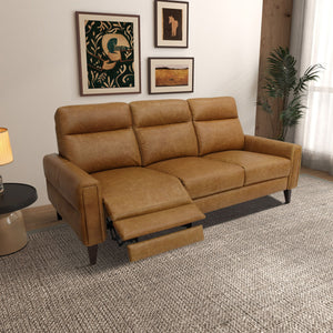 An Elliot Incliner Sofa in brown leather is placed in a living room on a light gray textured rug. Behind it, three framed artworks decorate the wall. A potted plant occupies the corner, while a round side table with a lamp sits to the left.