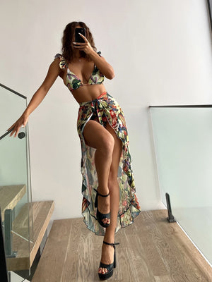 Bloom Breeze 3-Piece Bikini Set – Elegant High Cut Floral Fluttering Swimsuit with Lettuce Trim Tie Back Bandeau and Coordinating Cover Up Skirt – Women's Romantic Swimwear for Beach & Resort Vacations