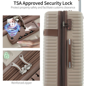 Close-up of the 4 Piece Luggage Suitcase Set, featuring a beige suitcase with a TSA-approved lock on reinforced zippers. An electronic scan showcases the locking mechanism. Text states: "TSA Approved Security Lock" for enhanced safety and customs efficiency.