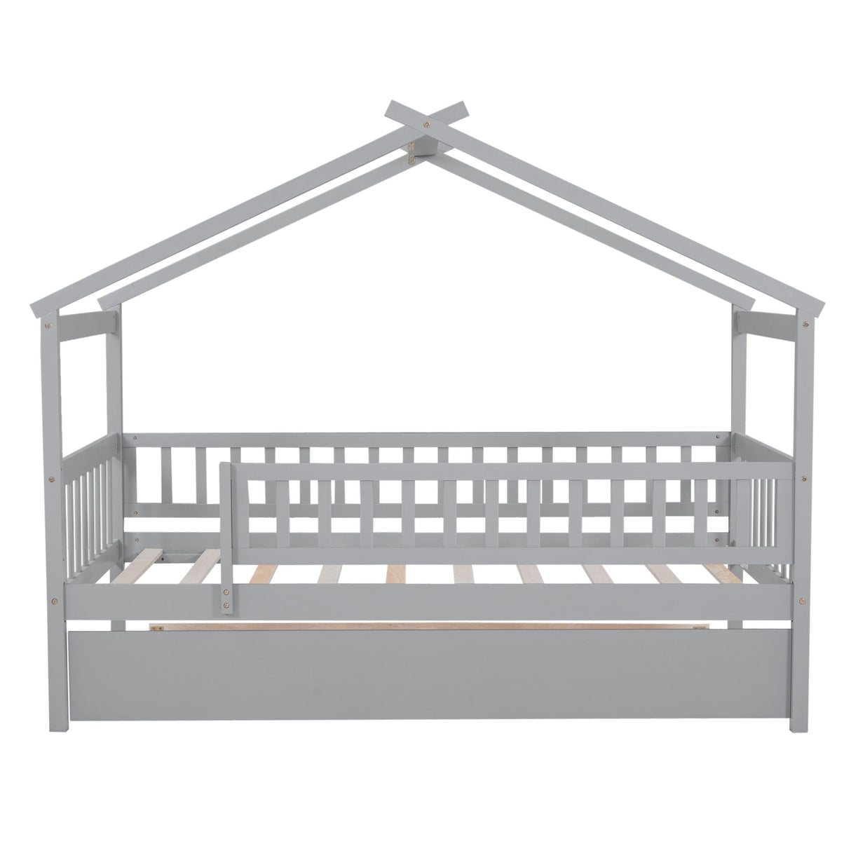 The Creativity House Bed With Twin Size Trundle features a gray, house-shaped frame with slatted guardrails on three sides and a simple triangular roof design, perfect for a single mattress.