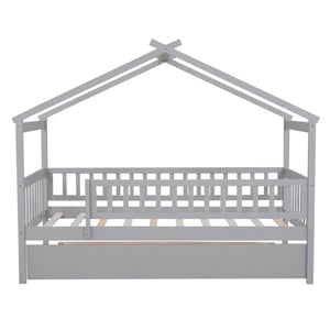 The Creativity House Bed With Twin Size Trundle features a gray, house-shaped frame with slatted guardrails on three sides and a simple triangular roof design, perfect for a single mattress.