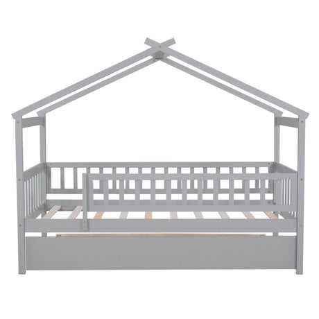 The Creativity House Bed With Twin Size Trundle features a gray, house-shaped frame with slatted guardrails on three sides and a simple triangular roof design, perfect for a single mattress.