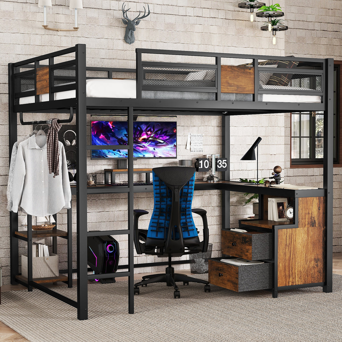 Queen Loft Bed with Desk and Storage Non-woven Fabric Drawers, Metal Loft Bed Frame with Ladders, Noise-Free and No Box Spring Needed, Black