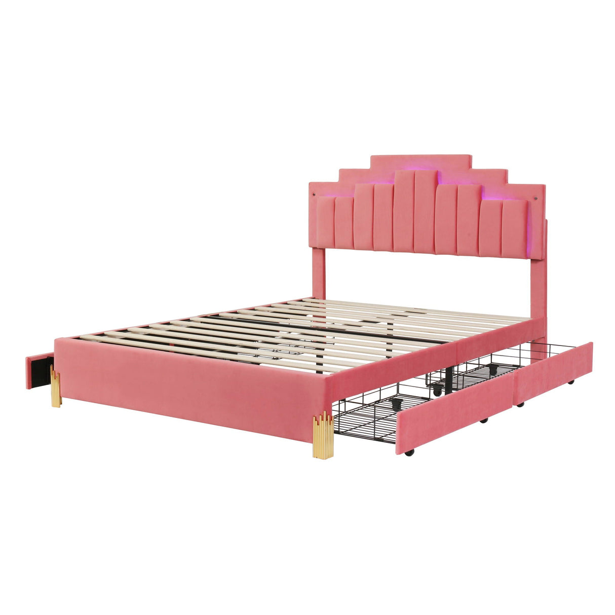 Queen Size Upholstered Platform Bed With LED Lights And 4 Drawers, Stylish Irregular Metal Bed Legs Design - Pink by Couch.com