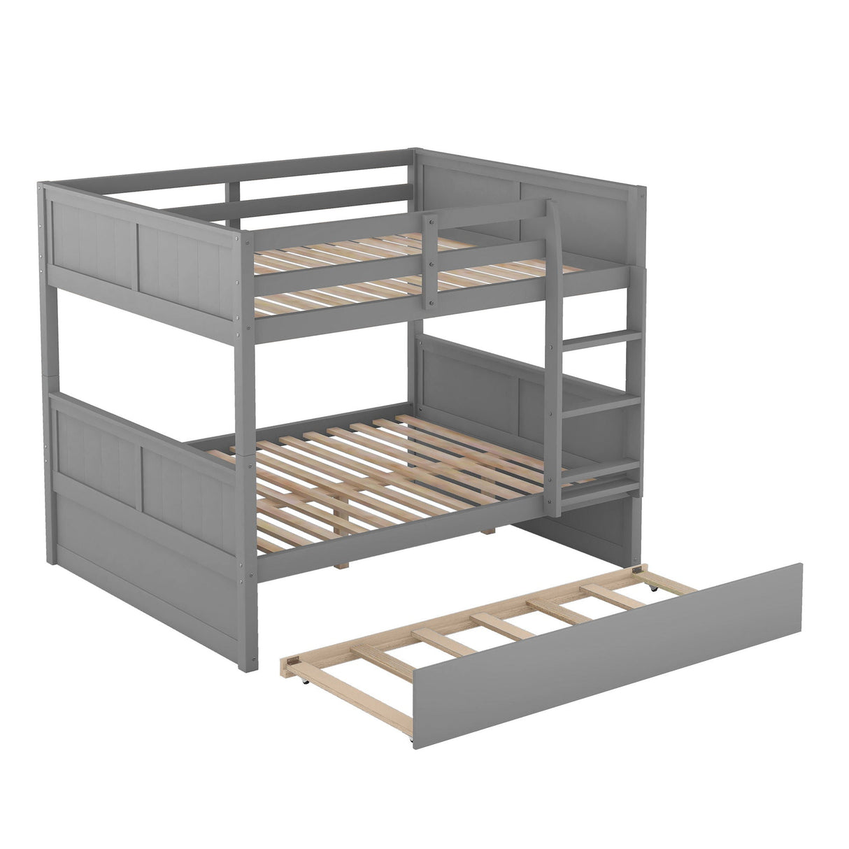 The Bunk Bed With Twin Size Trundle is a gray wood frame with slatted bases for the top and bottom beds, a right-side built-in ladder, and panel detailing on the sides and ends.