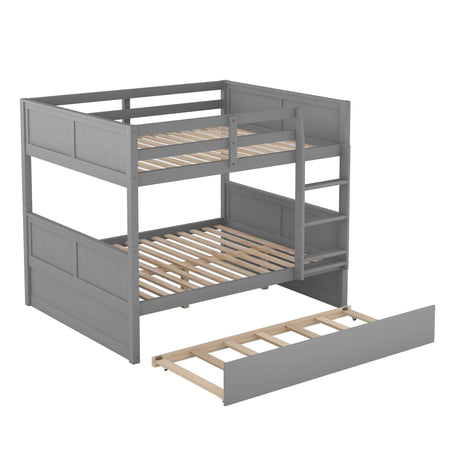 The Bunk Bed With Twin Size Trundle is a gray wood frame with slatted bases for the top and bottom beds, a right-side built-in ladder, and panel detailing on the sides and ends.