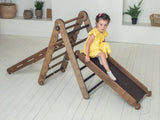 3in1 Montessori Climbing Set: Triangle Ladder + Slide Board + Net – Chocolate