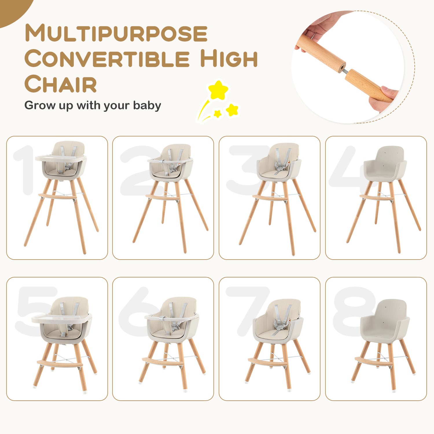 3-in-1 Convertible Wooden High Chair with Cushion-Beige