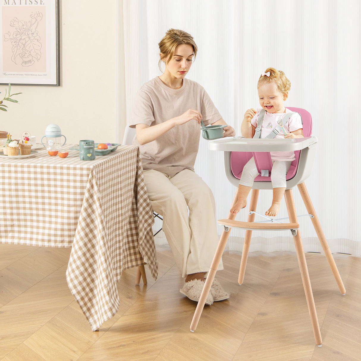 3-in-1 Convertible Wooden High Chair with Cushion-Gray