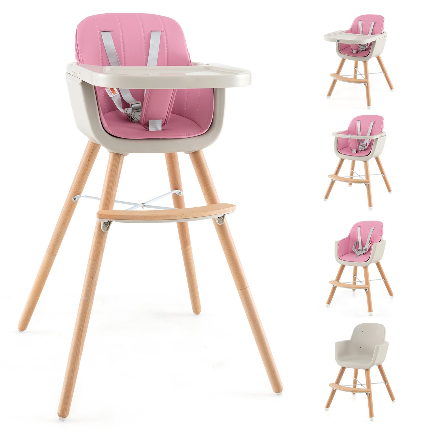 3-in-1 Convertible Wooden High Chair with Cushion-Gray