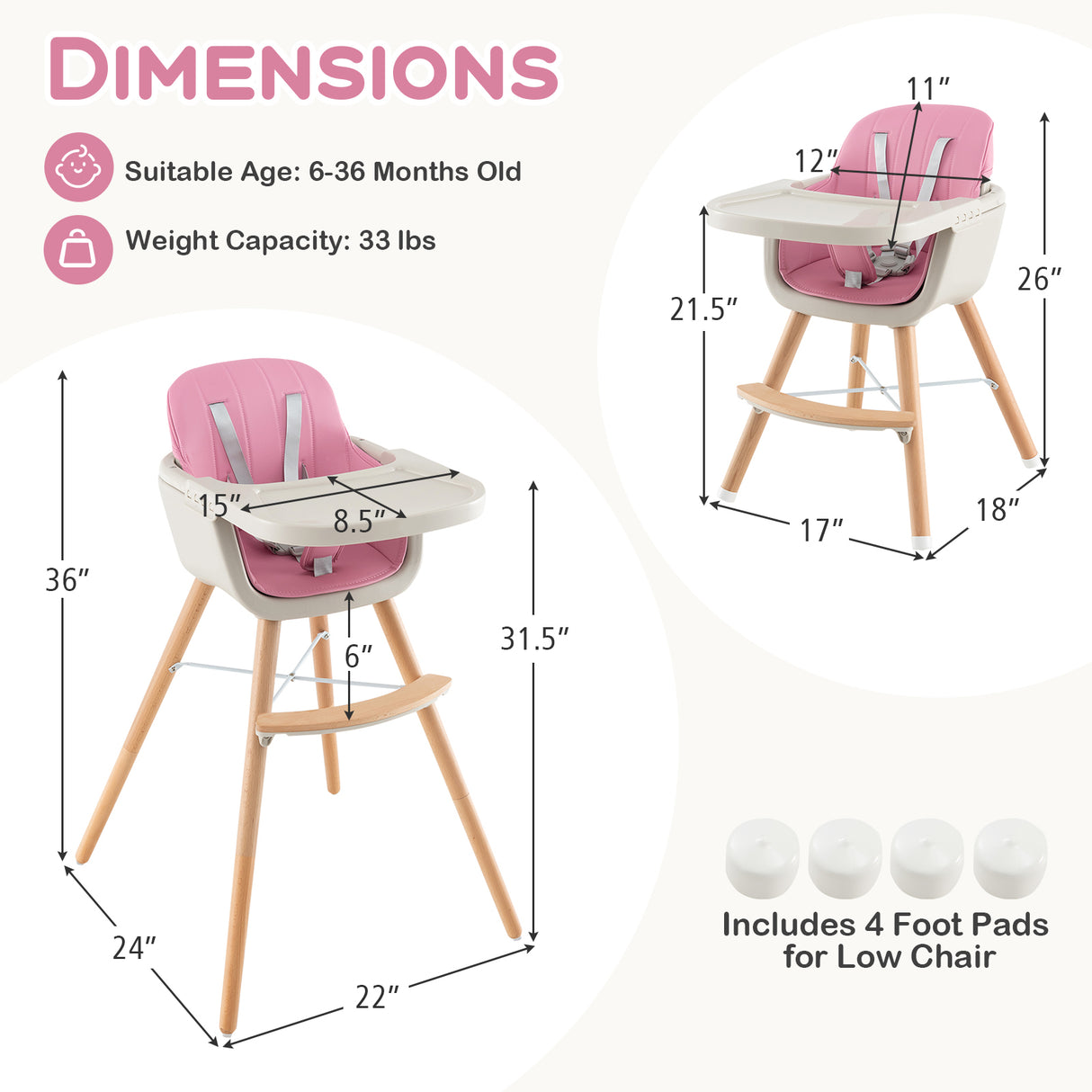 3-in-1 Convertible Wooden High Chair with Cushion-Gray