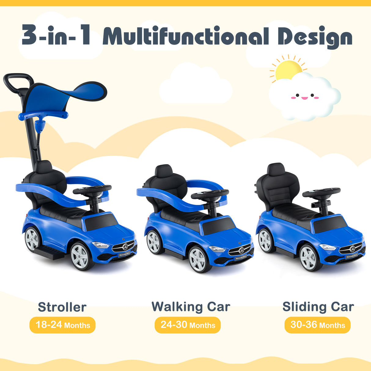 3-in-1 Ride on Push Car Mercedes-Benz Licensed Sliding Car with Canopy-Blue