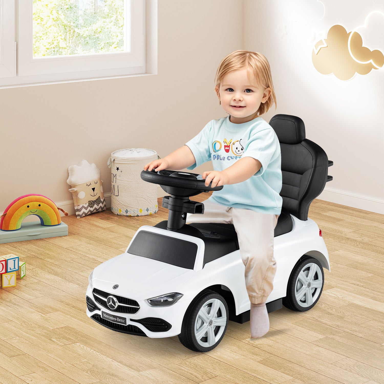 3-in-1 Ride on Push Car Mercedes-Benz Licensed Sliding Car with Canopy-Blue