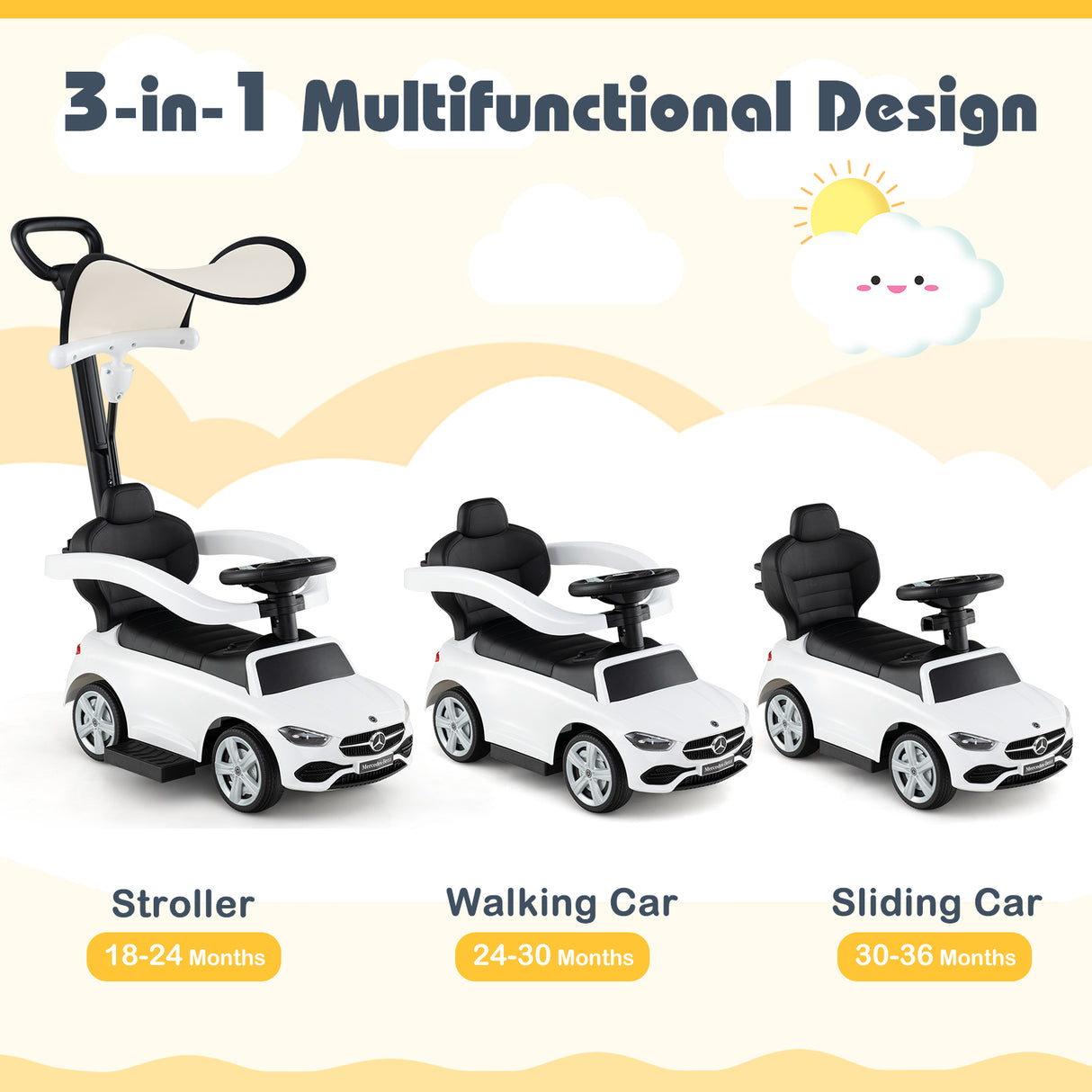 3-in-1 Ride on Push Car Mercedes-Benz Licensed Sliding Car with Canopy-Blue