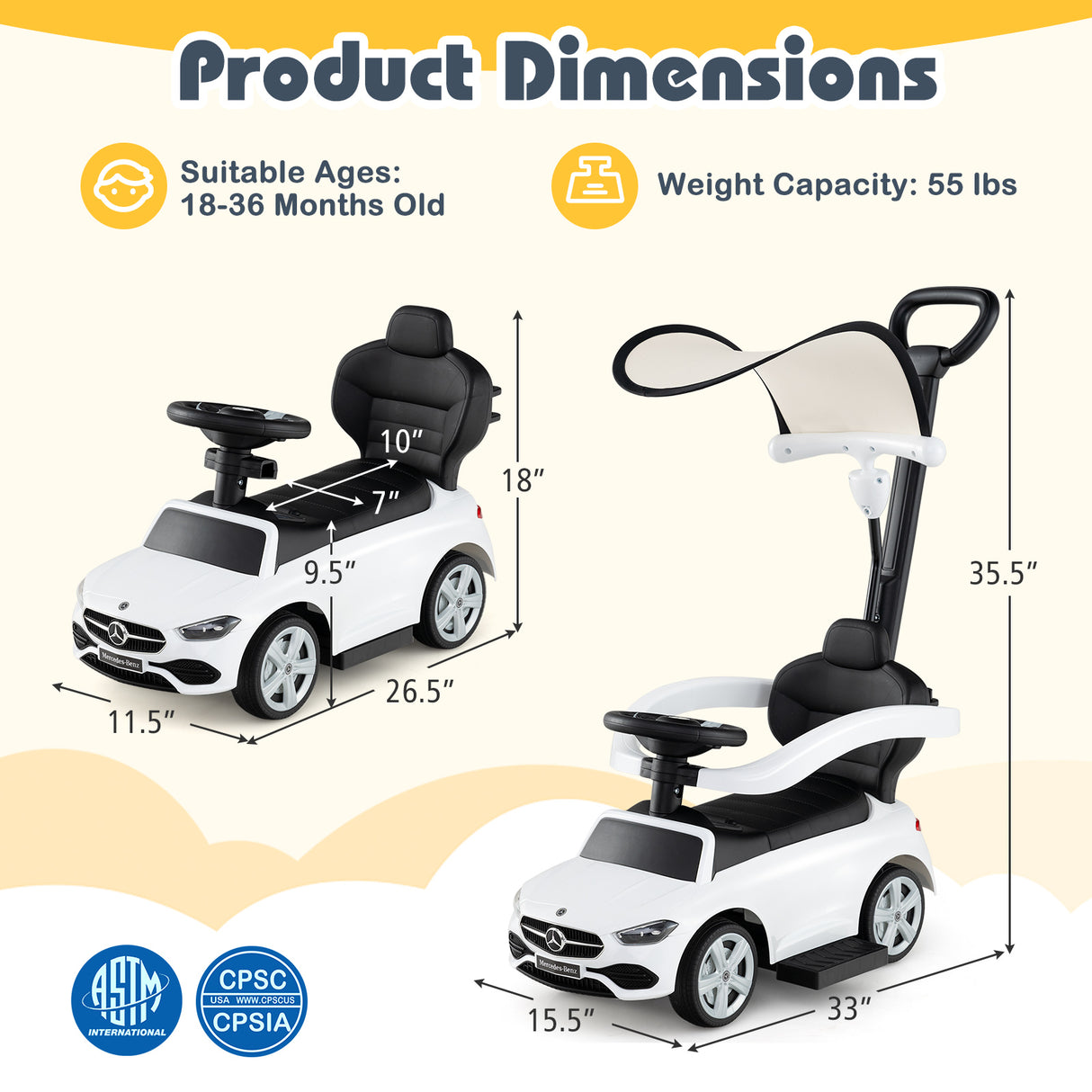 3-in-1 Ride on Push Car Mercedes-Benz Licensed Sliding Car with Canopy-Blue