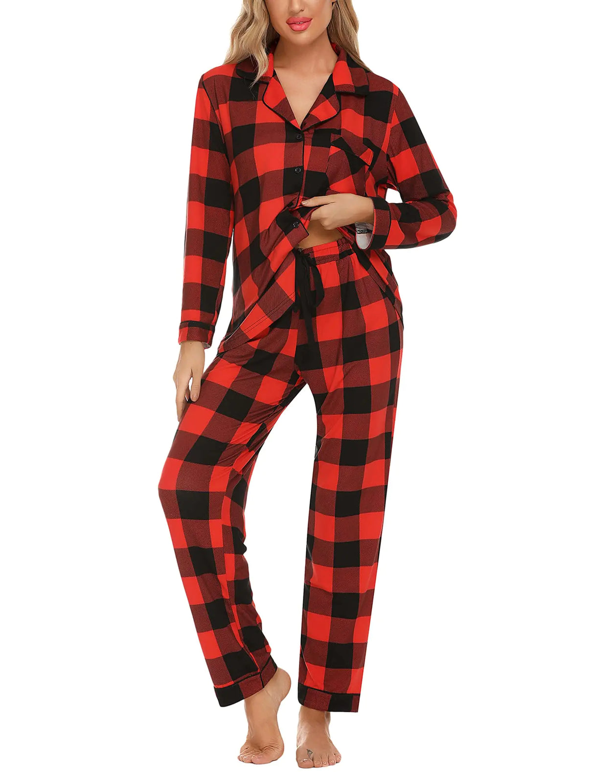 Anjue Christmas Sleepwear Womens Holiday Pajama Set Family Pjs Long Sleeve Nightwear Set(Black PlaidS)
