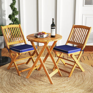 3 Pieces Acacia Wood Patio Folding Bistro Set with Soft Cushions-Navy