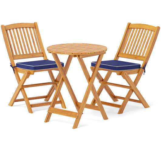3 Pieces Acacia Wood Patio Folding Bistro Set with Soft Cushions-Navy