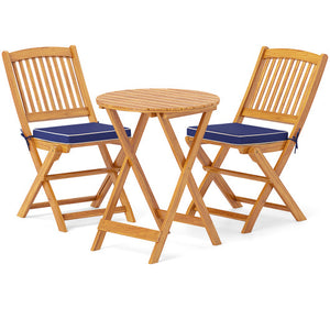 3 Pieces Acacia Wood Patio Folding Bistro Set with Soft Cushions-Navy