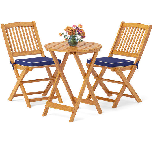 3 Pieces Acacia Wood Patio Folding Bistro Set with Soft Cushions-Navy