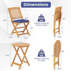 3 Pieces Acacia Wood Patio Folding Bistro Set with Soft Cushions-Navy